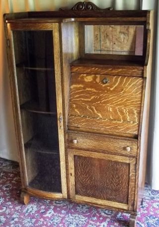 Antique Tiger Oak Empire Style Bowed Glass Side X Side Desk/ Cabinet/ Bookcase photo