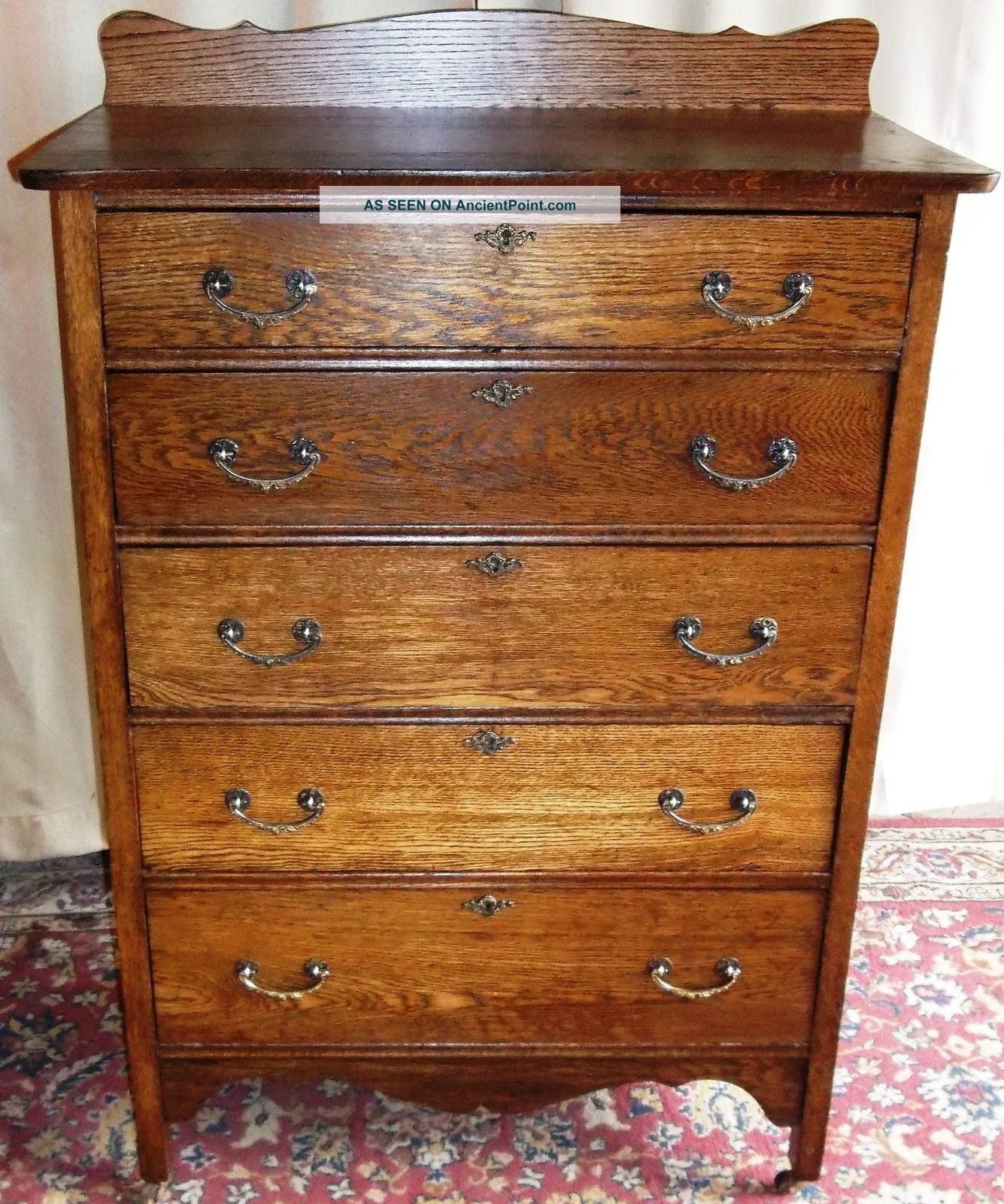 Antique Rustic Oak Tall 5 Drawer Dresser With Scalloped Splashblock 1900-1950 photo