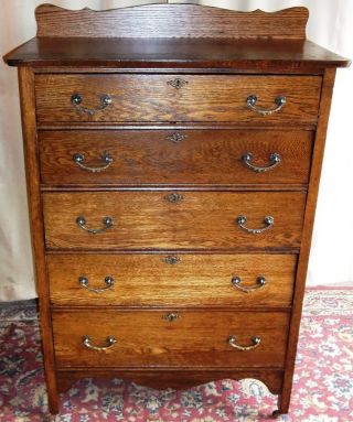 Antique Rustic Oak Tall 5 Drawer Dresser With Scalloped Splashblock photo