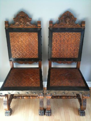 Antique Flemish Chairs With Lion Claw Feet - Embossed Leather photo