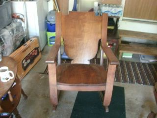 Antique Vintage Handmade 1920 ' S Heavy Oak Rocking Chair One Piece Curved Arms photo
