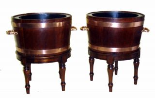 Great Pair Of Mid - 19th Century Stained Oak & Copper Bound Wine Coolers On Stands photo