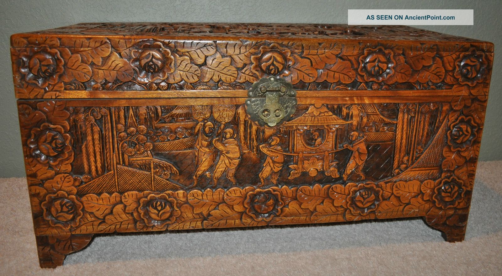 Antique Old Asian Hand Carved Ornate Trunk Made In Hong Kong Unknown photo