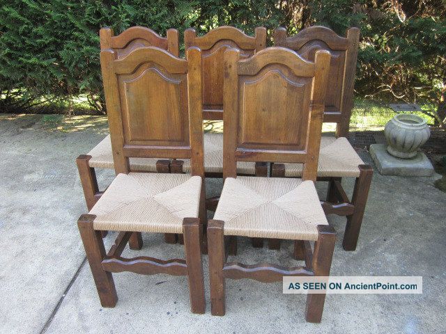 5 Vintage French Country Chairs,  Solid Walnut,  Straw Seat,  Rustic Looking. 1900-1950 photo