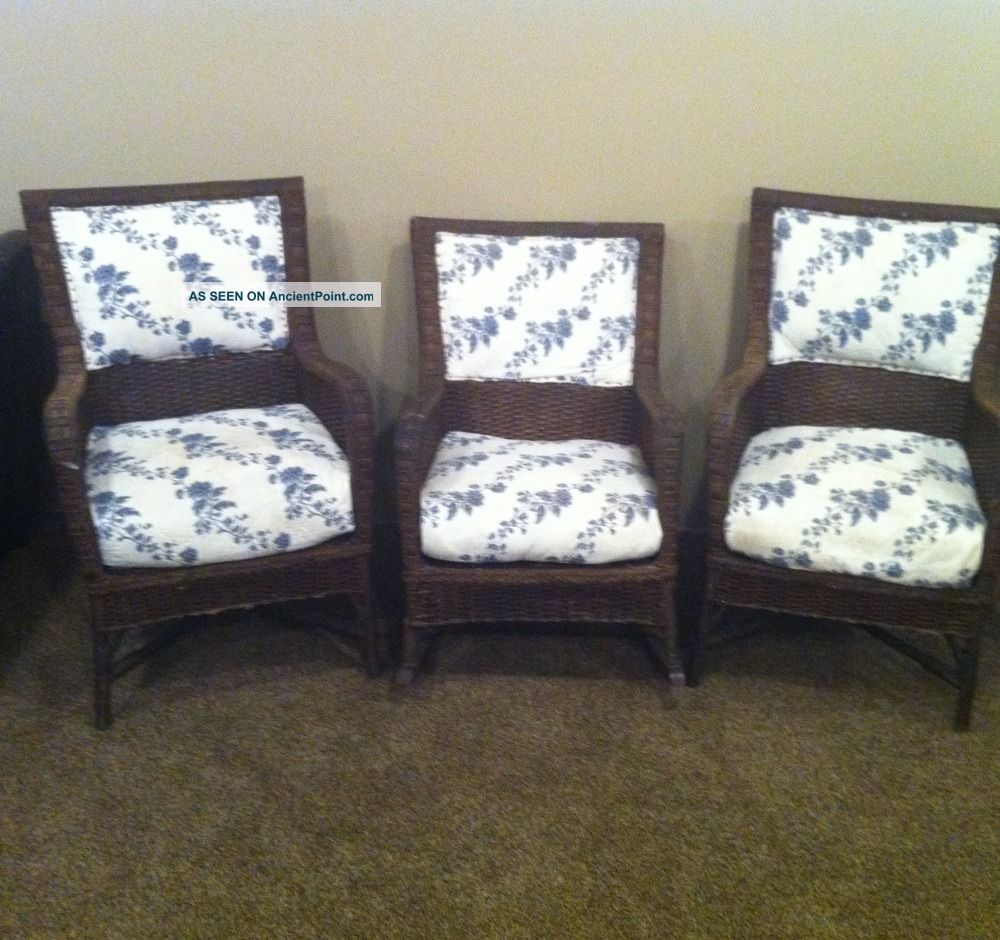 1940s Wicker Set 2 Chairs And 1 Rocker Very Tight Weave Very Solid Excellent Con 1900-1950 photo