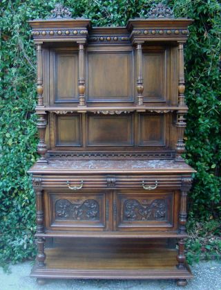 Antique French Carved Walnut Sideboard Huntboard Cabinet Server Marble Columns photo