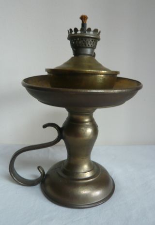 Old Antique Brass Oil Lamp Burner With Holder.  Seamed.  2 Parts.  With Handle. photo