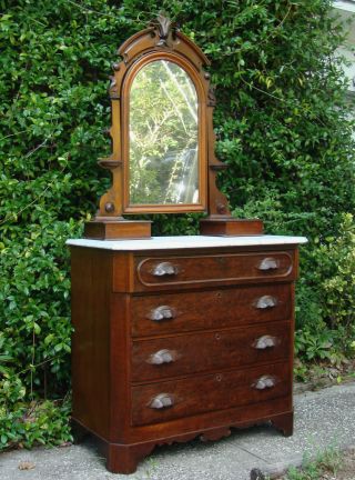 American Charleston Sc Antique Walnut Chest Of Drawers Mirror Marble Glove Boxes photo
