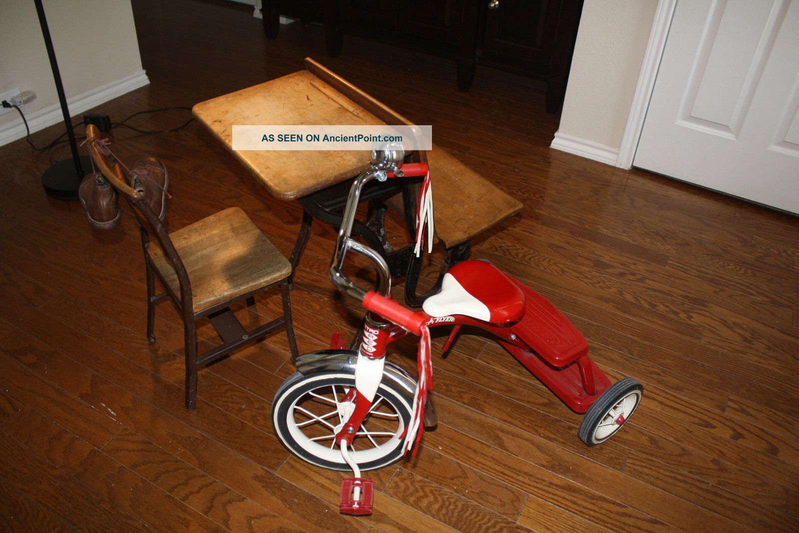 Vintage Iron & Wooden School Desk & Chair Antique (1920 ' S - 30 ' S) & Tricycle 1900-1950 photo