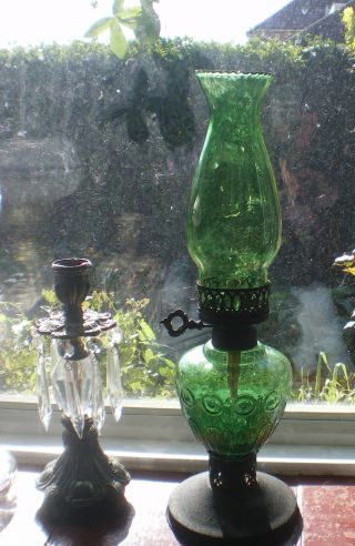 Retro Green Glass Oil Lamp Very Decorative And Working From Devon Farm Cottage photo