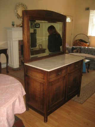 Gorgeous Antique 1900 ' S Marble Sideboard With Beveled Mirror photo
