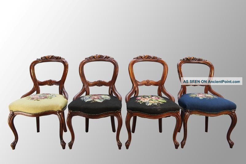 15914 Antique Set Of Four Victorian Carved Parlor Chairs With Needlepoint 1900-1950 photo