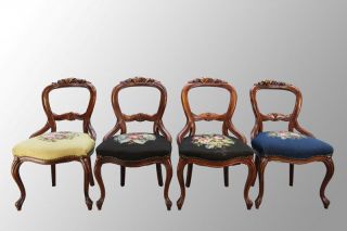 15914 Antique Set Of Four Victorian Carved Parlor Chairs With Needlepoint photo