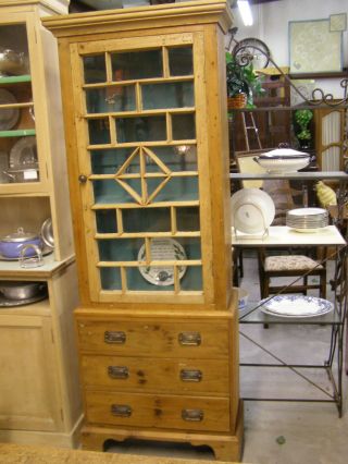 Antique Pine Cupboard Old Glass Paned Window Door Painted Interior Top Cabinet photo