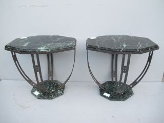 Pair Of French Art Deco Iron & Marble Side Tables 08445 photo