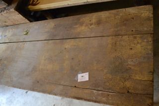 Long Antique Mercantile Table With Large Planks Six Legs Mustard Paint photo