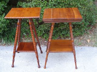 Set Two Early 20th Century Hand Crafted Cherry Stick & Ball Lamp End Side Tables photo