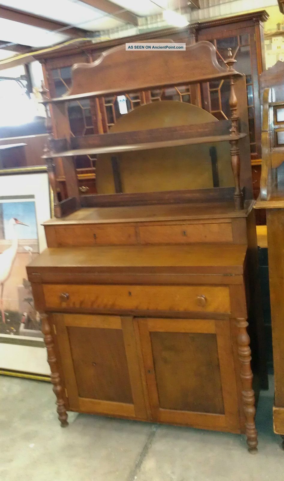 Antique Victorian Walnut Desk Bookcase Cabinet Shelves Turned Legs Finials 1880s 1800-1899 photo