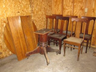 Vintage Antique Pedestal Wood Dinner Table With 4 Leaves & 6 Wooden Chairs photo