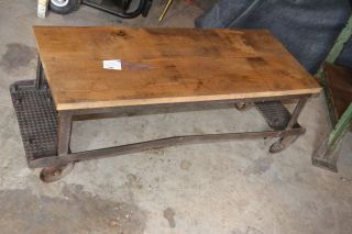 Vintage Factory Cart Wood Iron Wheels Industrial Coffee Table Work Bench photo