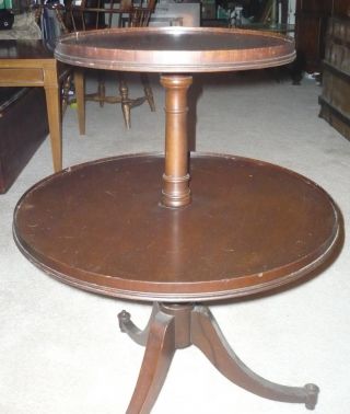 Vintage 2 Round Tier Wooden Table With Flared 3 Legs photo