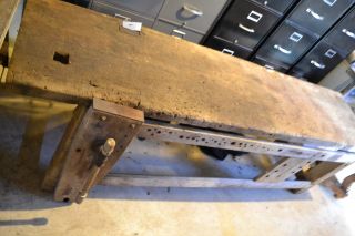 Antique Workbench Table Wood Vise Wagon Wheel Mercantile Industrial photo