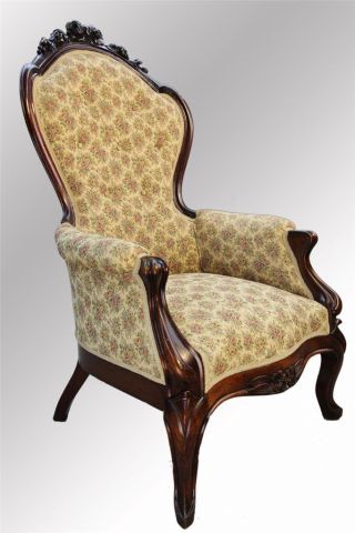 16018 Antique Victorian Rose Carved Newly Upholstered Arm Chair photo