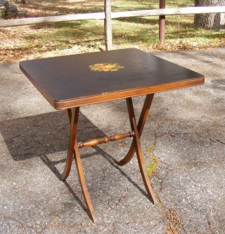 Vintage Antique Wood With Black & Floral - Folding Card Table photo