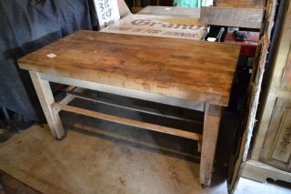 Vintage Butcher Block Table Wood Frame On Casters Workbench Kitchen Island photo