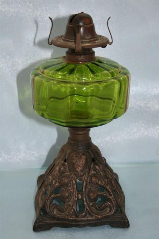 Art Nouveau Cast Iron & Green Glass Chamber Oil Lamp Condition photo