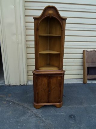 49896 Vintage Inlaid English Yew Wood Corner Cabinet Bookcase photo