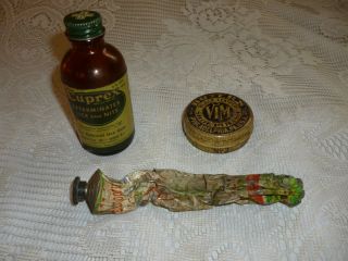 Antique Oak Medicine Cabinet Contents Boyers Shoe Polish Merk & Co.  Nj Tootpaste photo