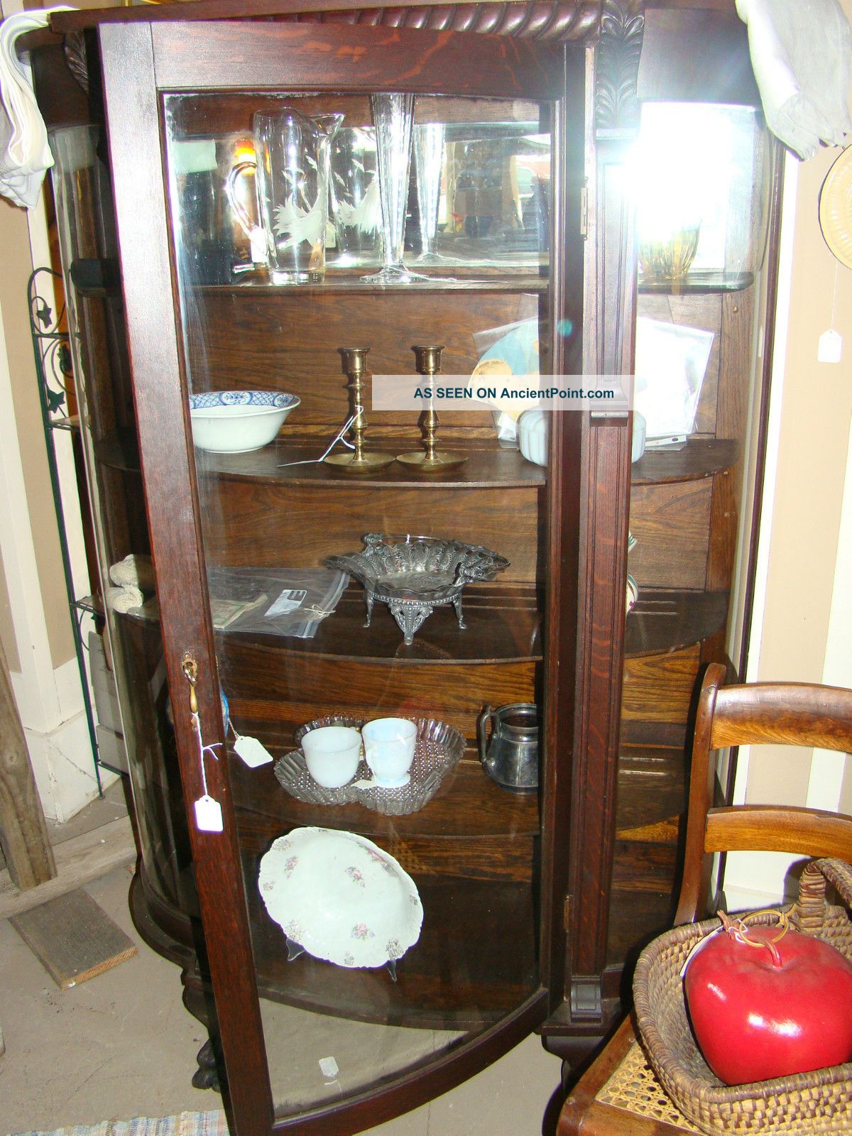 Antique Solid Oak China Cabinet With Curved Glass Doors High Quality