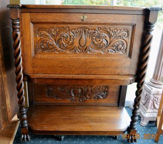 Gorgeous Antique Oak Liquor Cabinet,  Carved Open Twists,  Claw Feet,  Refinished photo
