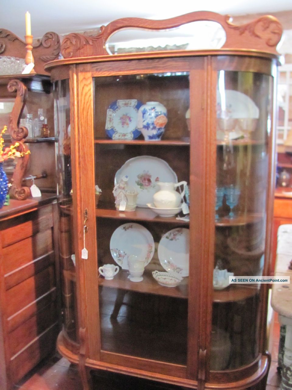 Antique Oak Glass China Cabinet Bowed Glass Sides 1900-1950 photo