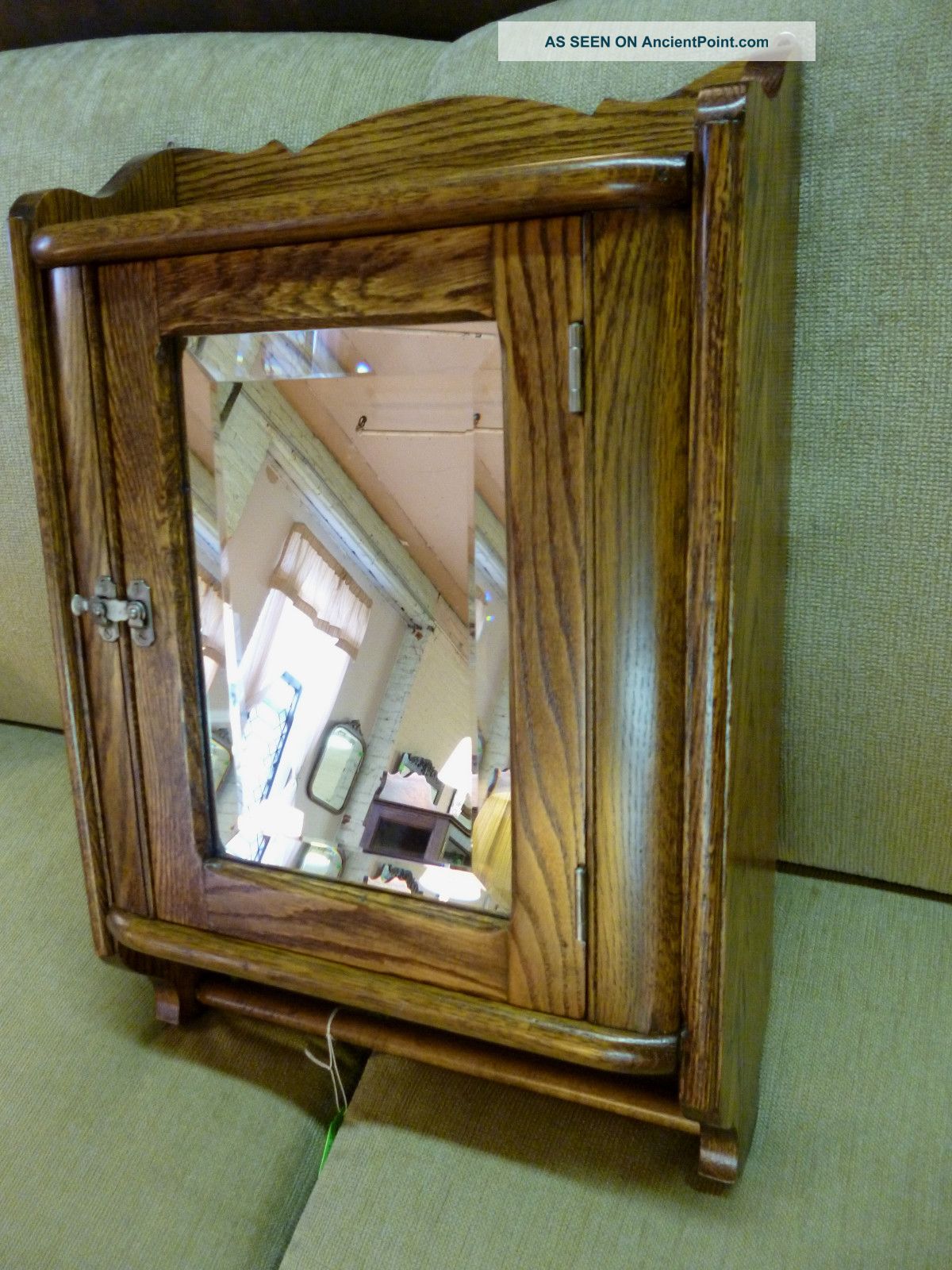 Antique Oak Medicine Cabinet (refinished) Marked Philadelphia Pa.  Beveled Mirror 1900-1950 photo