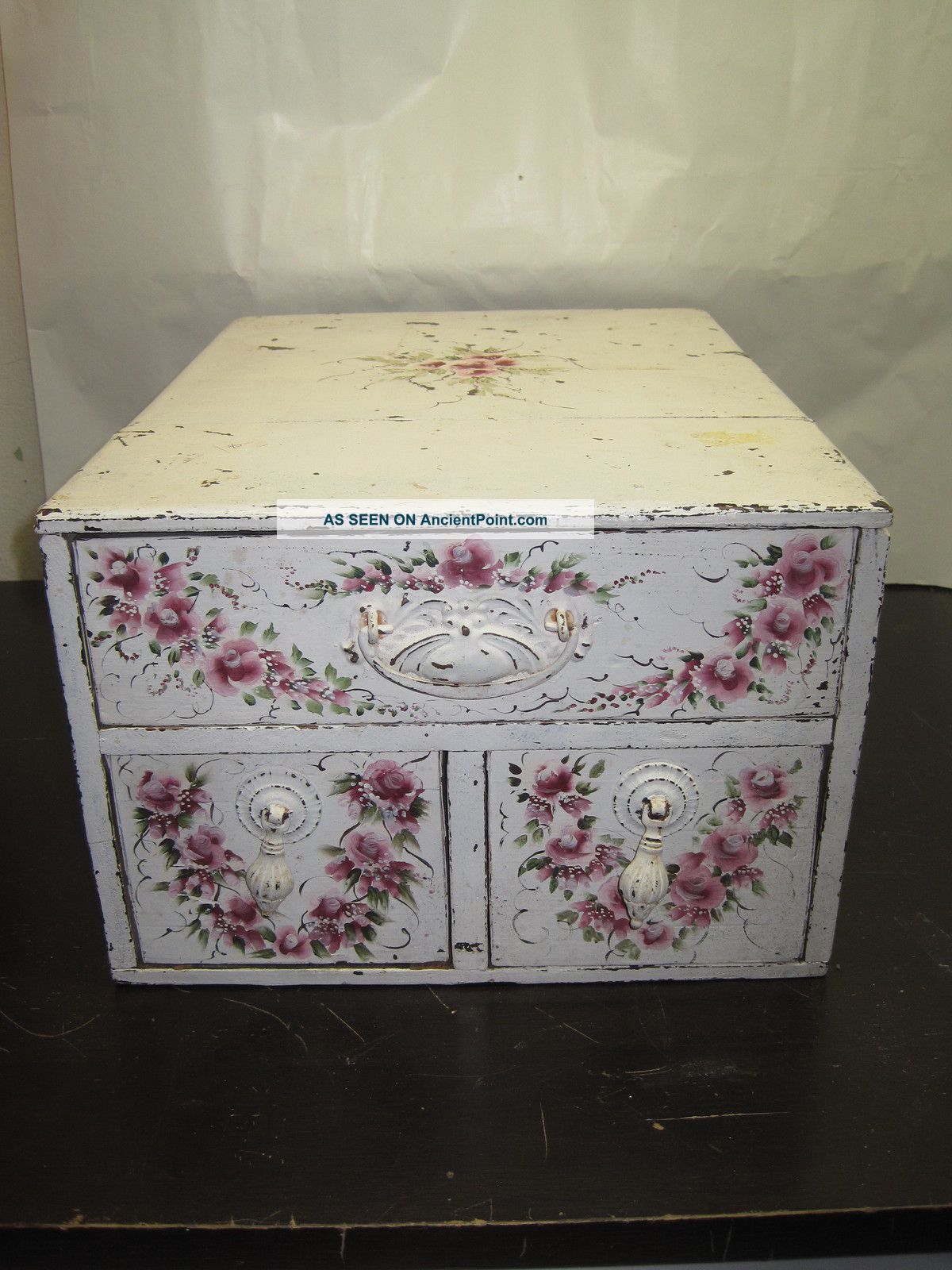 Vintage Wood Three Drawer Cabinet Hand Painted White With Flowers 1900-1950 photo