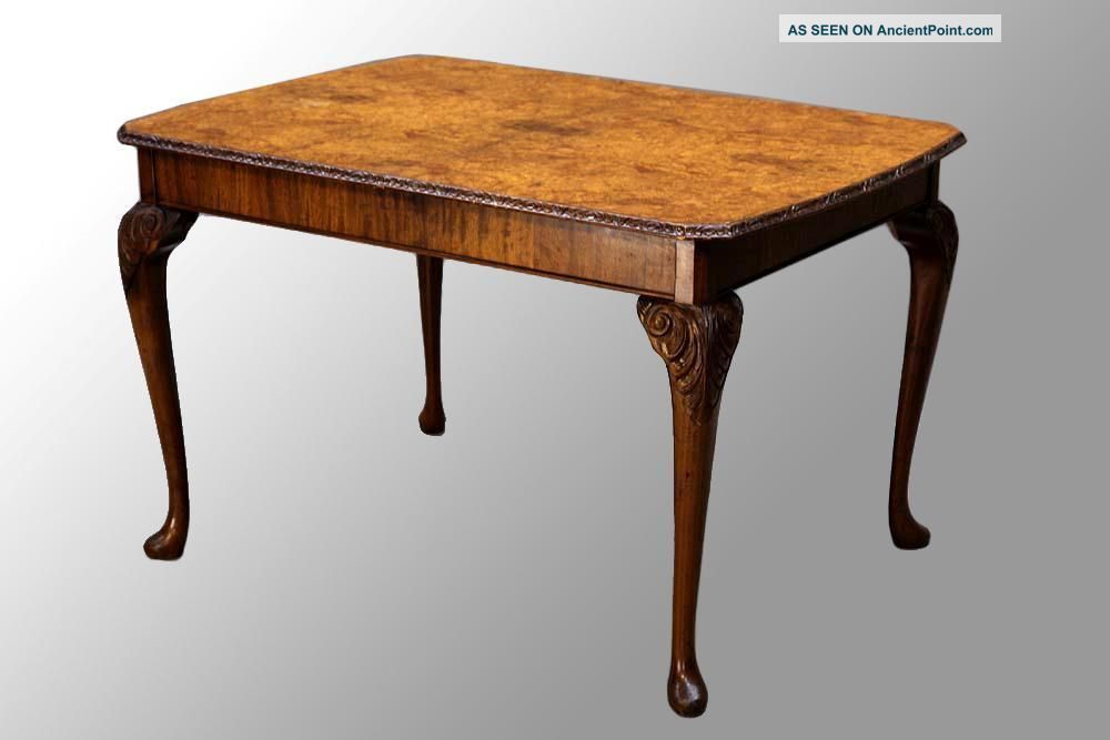 15838 Antique Burl Walnut Chippendale Carved Dining Table With Leaf 1900-1950 photo