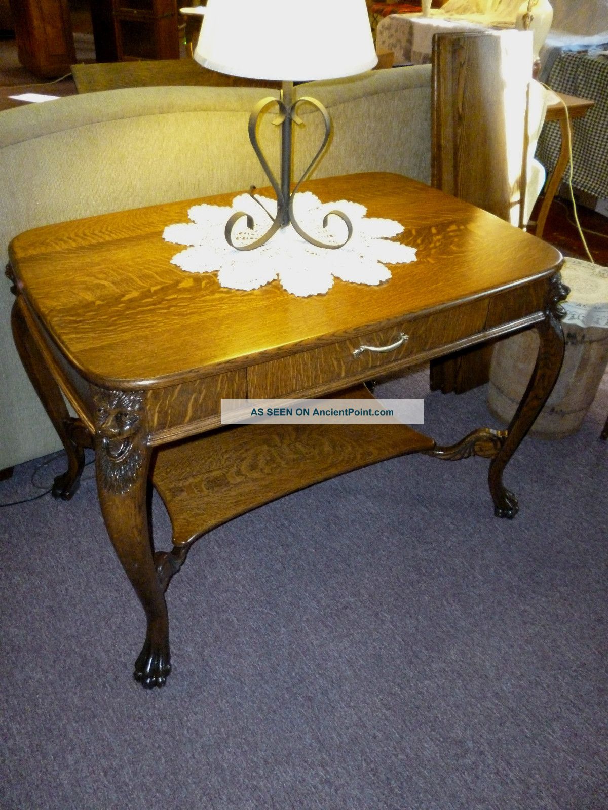 Antique Oak Table Library,  Desk Winged Griffins Lions Dovetailed Drawer Usa 1900-1950 photo