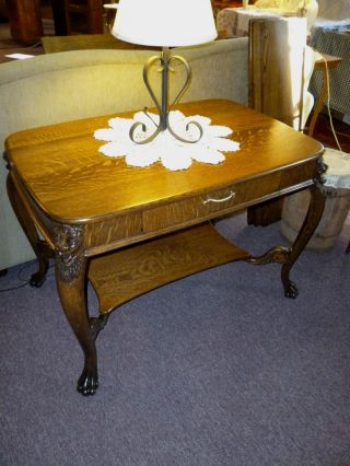 Antique Oak Table Library,  Desk Winged Griffins Lions Dovetailed Drawer Usa photo