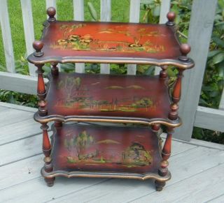 Antique Old Oriental Painted Wood Wooden 3 Tier Table photo