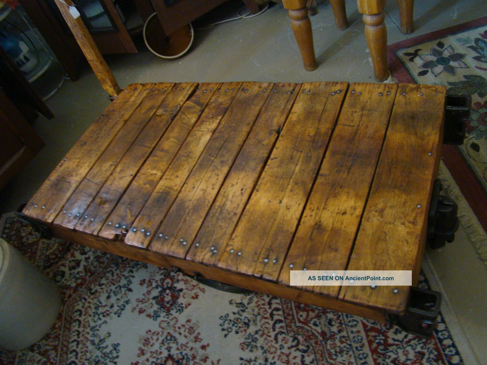 Refinished Oak - Poplar Wood Factory Cart With Iron Base And Wheels=rushville,  Ind 1900-1950 photo