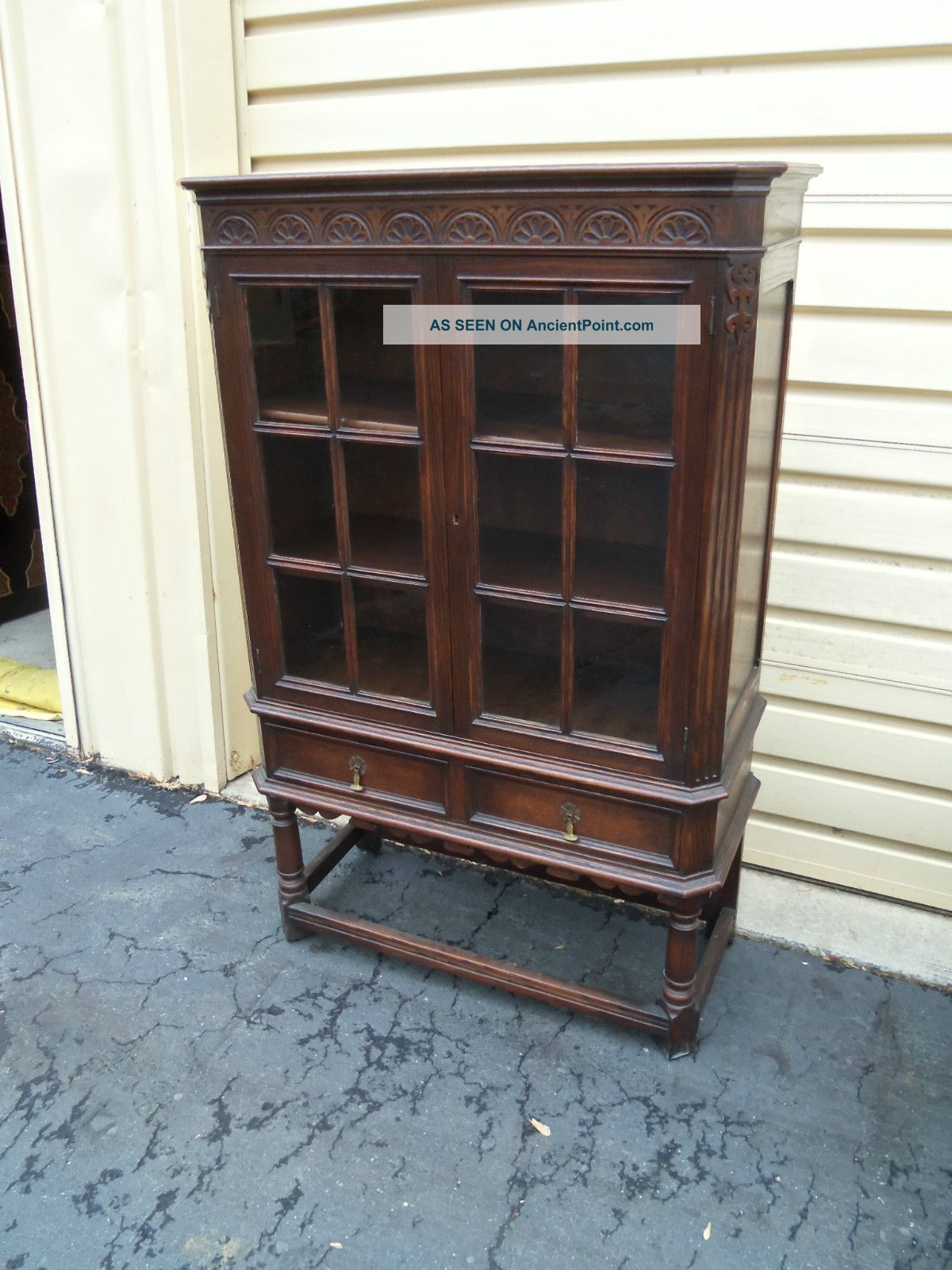 50180 Antique Oak China Cabinet Curio With Drawer 1900-1950 photo