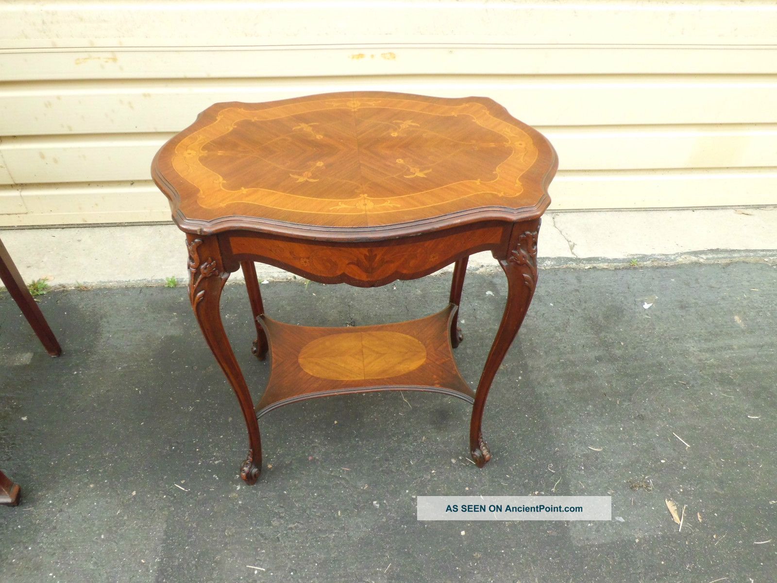 50482 Antique Inlaid French Turtle Top Table With Shelf 1900-1950 photo
