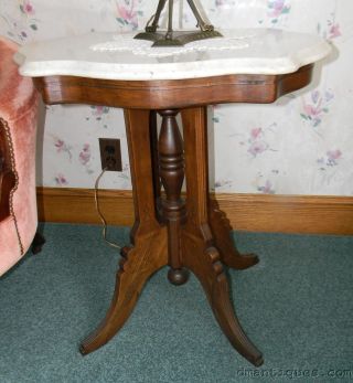 Vintage Carved Cherry Solid Wood & Marble Top Lamp Plant Table photo