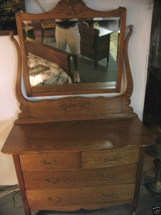 Antique Oak Dresser Bureau Ornate Beveled Mirror Made In Usa photo