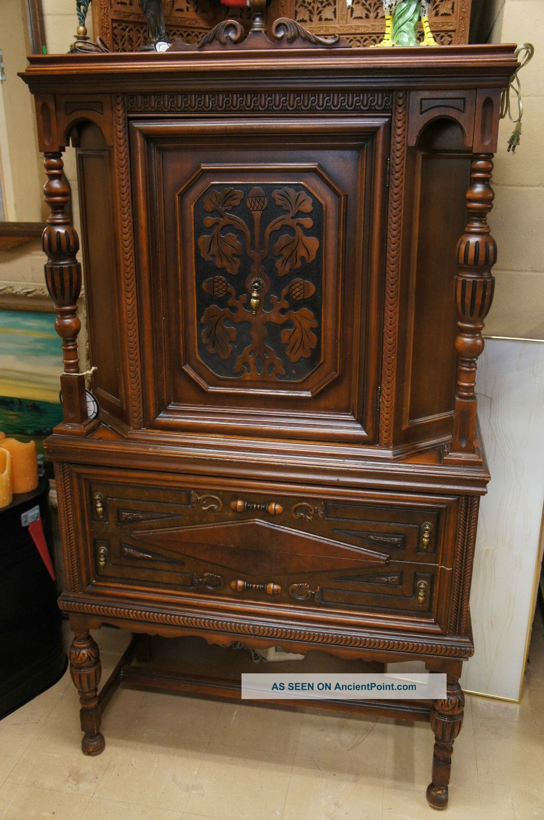 Antique Cabinet Cupboard Carved Burl Wood Accents 2 Drawers Unique