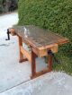 Vintage Antique Work Bench Workbench Wood 1930 ' S 2 Vices Glass Top Table Counter 1900-1950 photo 1