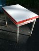 Antique Red White Porcelain Table With Turned Wood Legs Kithen Dining Retro 1900-1950 photo 2