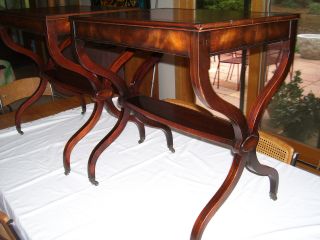 Vintage Hollywood Regency X Base Weiman Flame Mahogany Inlaid Leather Top Tables photo